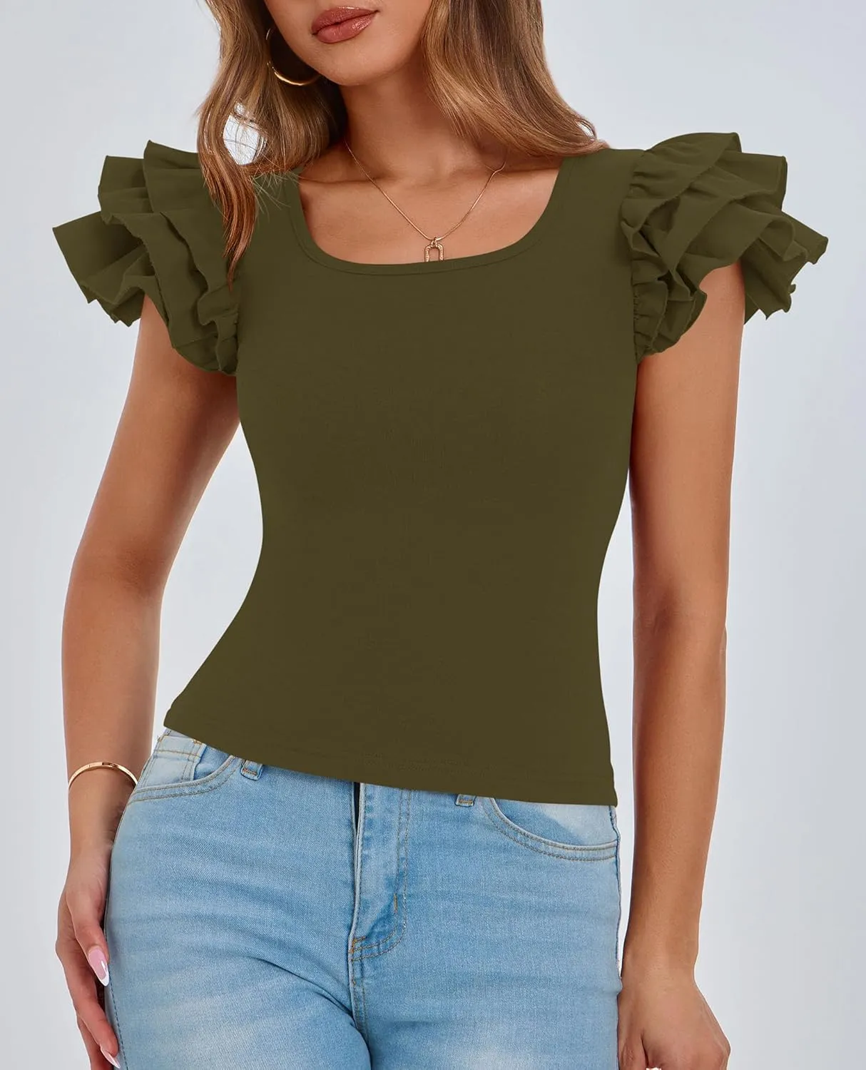 PRETTYGARDEN Women's Ruffle Short Sleeve Shirts 2025 Summer Casual Basic Tee Cute Fitted Crew Neck Fashion Tops Clothes
