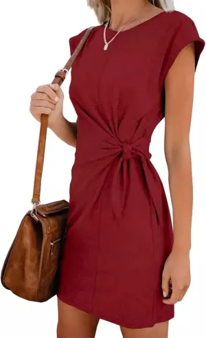 Ruched Tie Waist Summer Dress Crewneck Cap Sleeve Mini Dresses Casual Tshirt Bodycon Dress Loose Day Dress