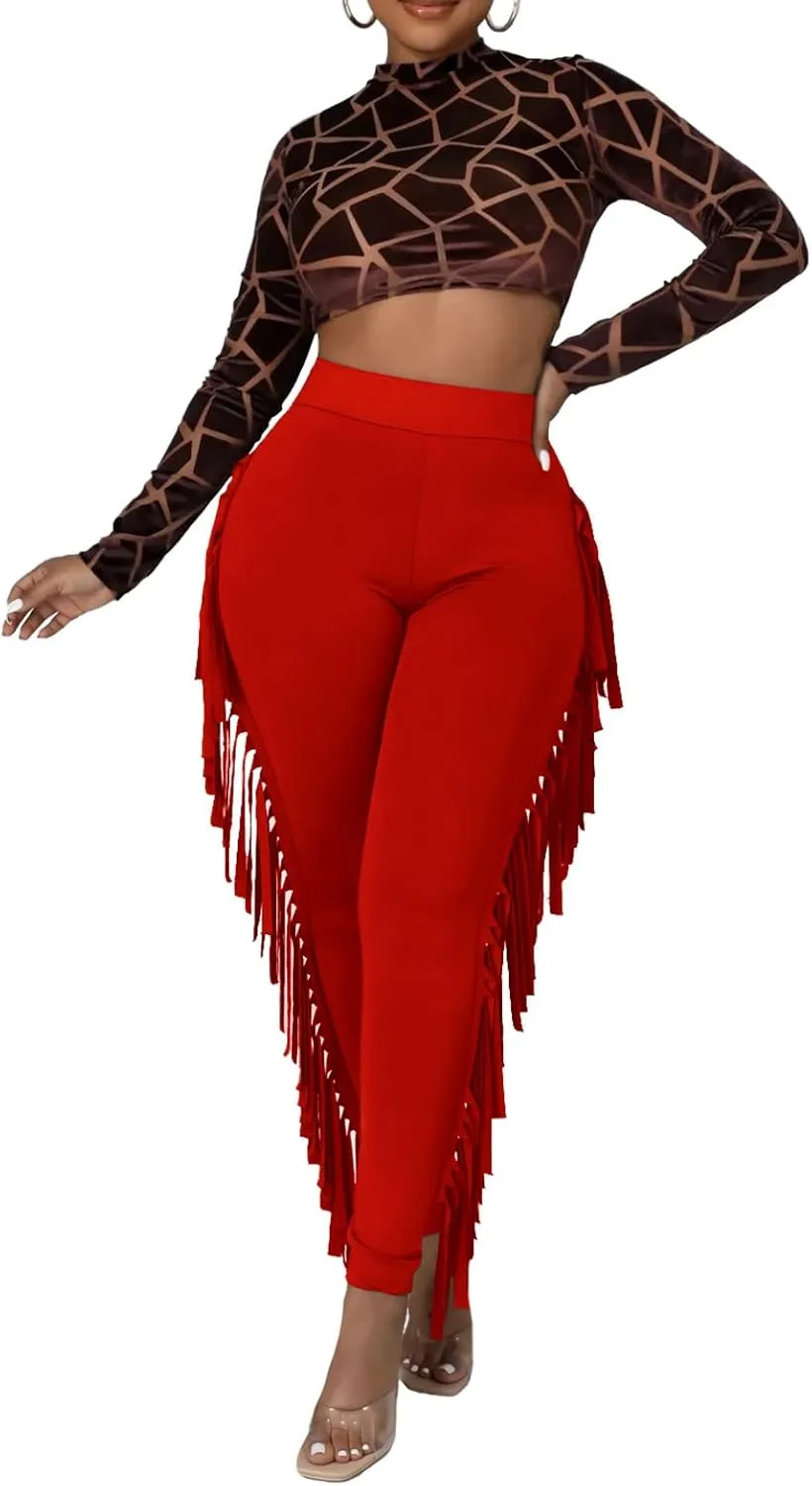 Ruziyoog Women's Casual High Waist Fringed Pants Bodycon Stretch Slim Tassels Side Jogger Sweatpants Leggings Workout Pants
