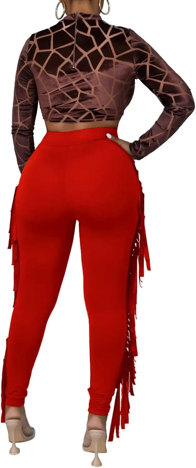 Ruziyoog Women's Casual High Waist Fringed Pants Bodycon Stretch Slim Tassels Side Jogger Sweatpants Leggings Workout Pants