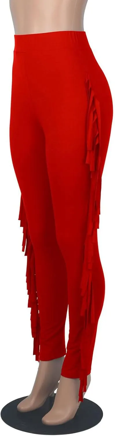Ruziyoog Women's Casual High Waist Fringed Pants Bodycon Stretch Slim Tassels Side Jogger Sweatpants Leggings Workout Pants