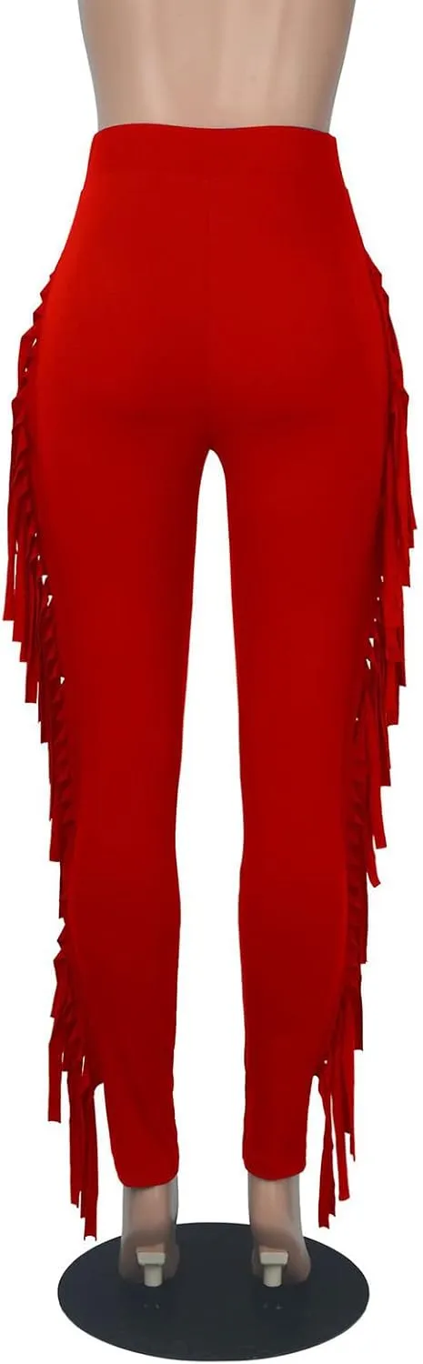 Ruziyoog Women's Casual High Waist Fringed Pants Bodycon Stretch Slim Tassels Side Jogger Sweatpants Leggings Workout Pants