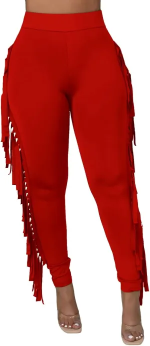 Ruziyoog Women's Casual High Waist Fringed Pants Bodycon Stretch Slim Tassels Side Jogger Sweatpants Leggings Workout Pants