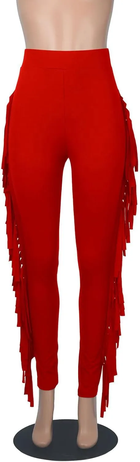 Ruziyoog Women's Casual High Waist Fringed Pants Bodycon Stretch Slim Tassels Side Jogger Sweatpants Leggings Workout Pants