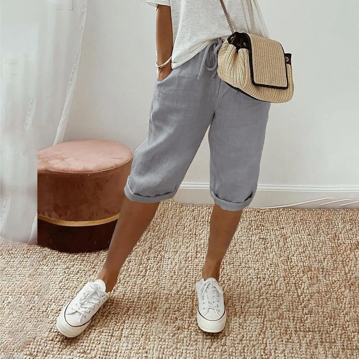 SHAOBGE Summer Pants for Women 2024 Women's Knee Length Short Pants Ladies Loose Drawstring Casual Trendy Pants