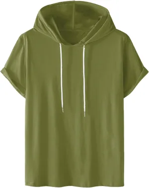 Short Sleeve Hoodies for Men Summer Athletic Loose Fit Stretch Drawstring T Shirt Lightweight Solid Color Pullover