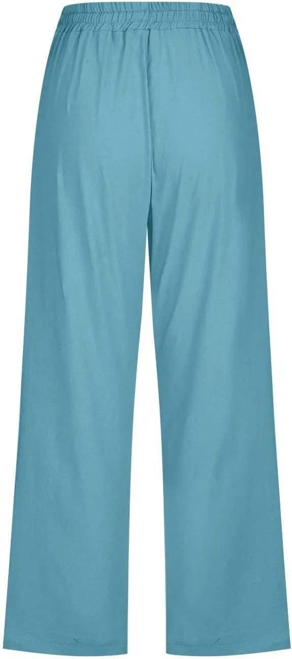 SMIDOW Capri Pants for Women Casual 2025 Summer Drawstring Elastic High Waist Linen Pant Straight Wide Leg Cropped Trouser