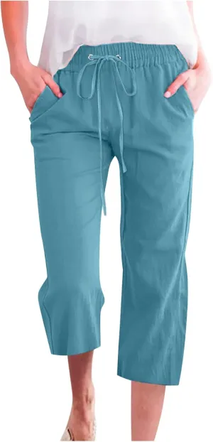 SMIDOW Capri Pants for Women Casual 2025 Summer Drawstring Elastic High Waist Linen Pant Straight Wide Leg Cropped Trouser
