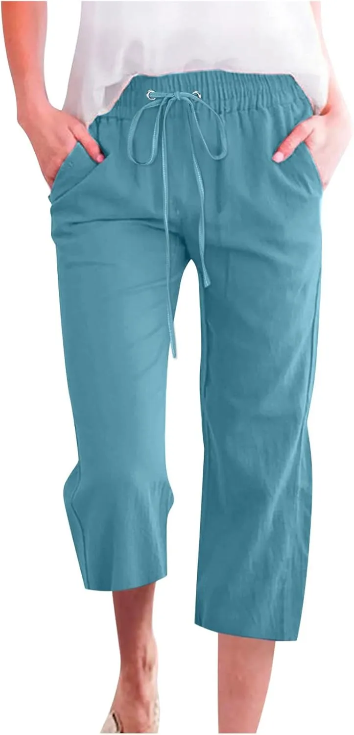 SMIDOW Capri Pants for Women Casual 2025 Summer Drawstring Elastic High Waist Linen Pant Straight Wide Leg Cropped Trouser