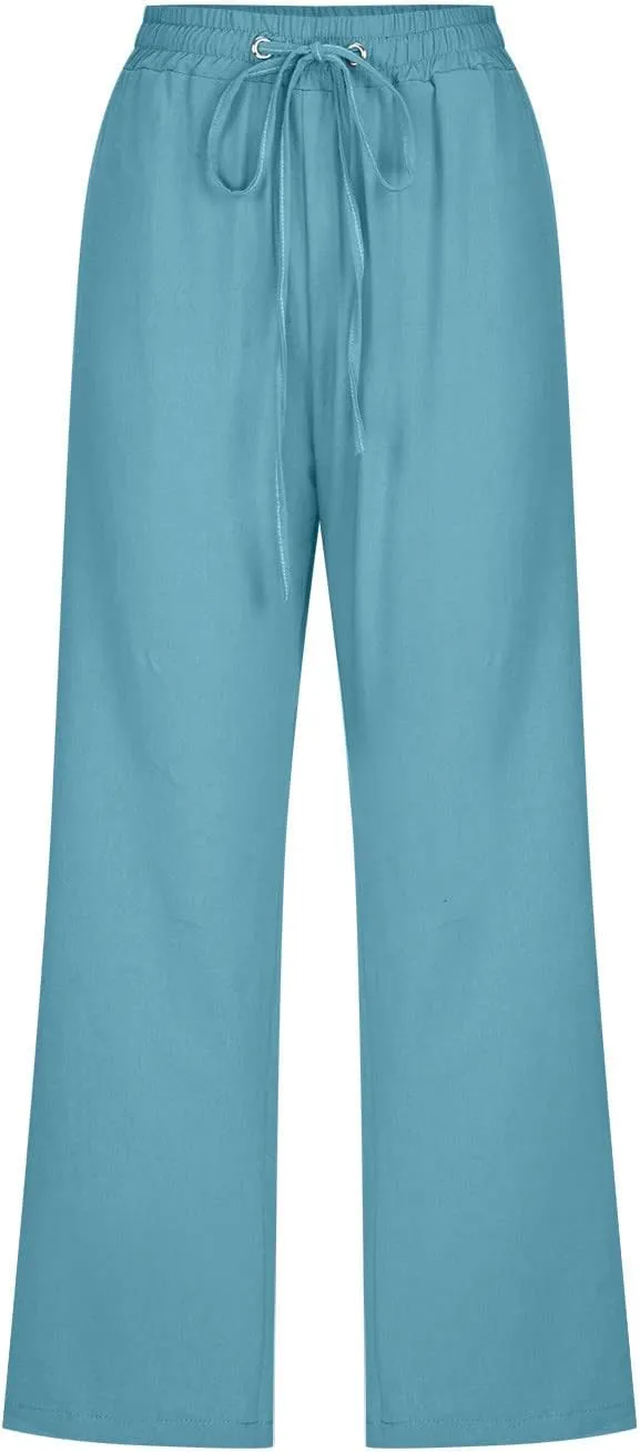 SMIDOW Capri Pants for Women Casual 2025 Summer Drawstring Elastic High Waist Linen Pant Straight Wide Leg Cropped Trouser