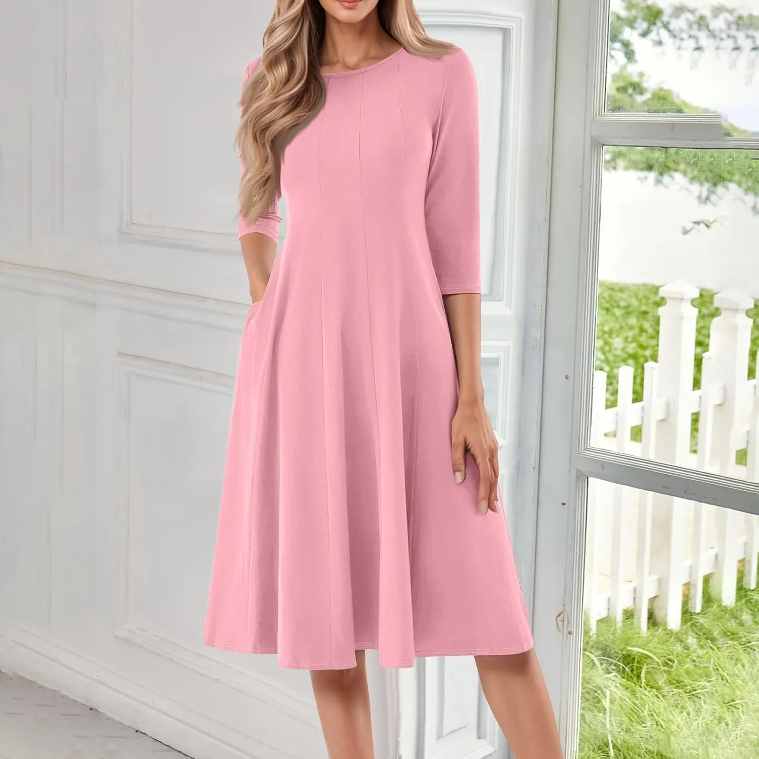 Summer Dresses for Women 2025,Casual Fashion Round Neck 3/4 Sleeve Multi Solid Color Printed A-Line Midi Dress