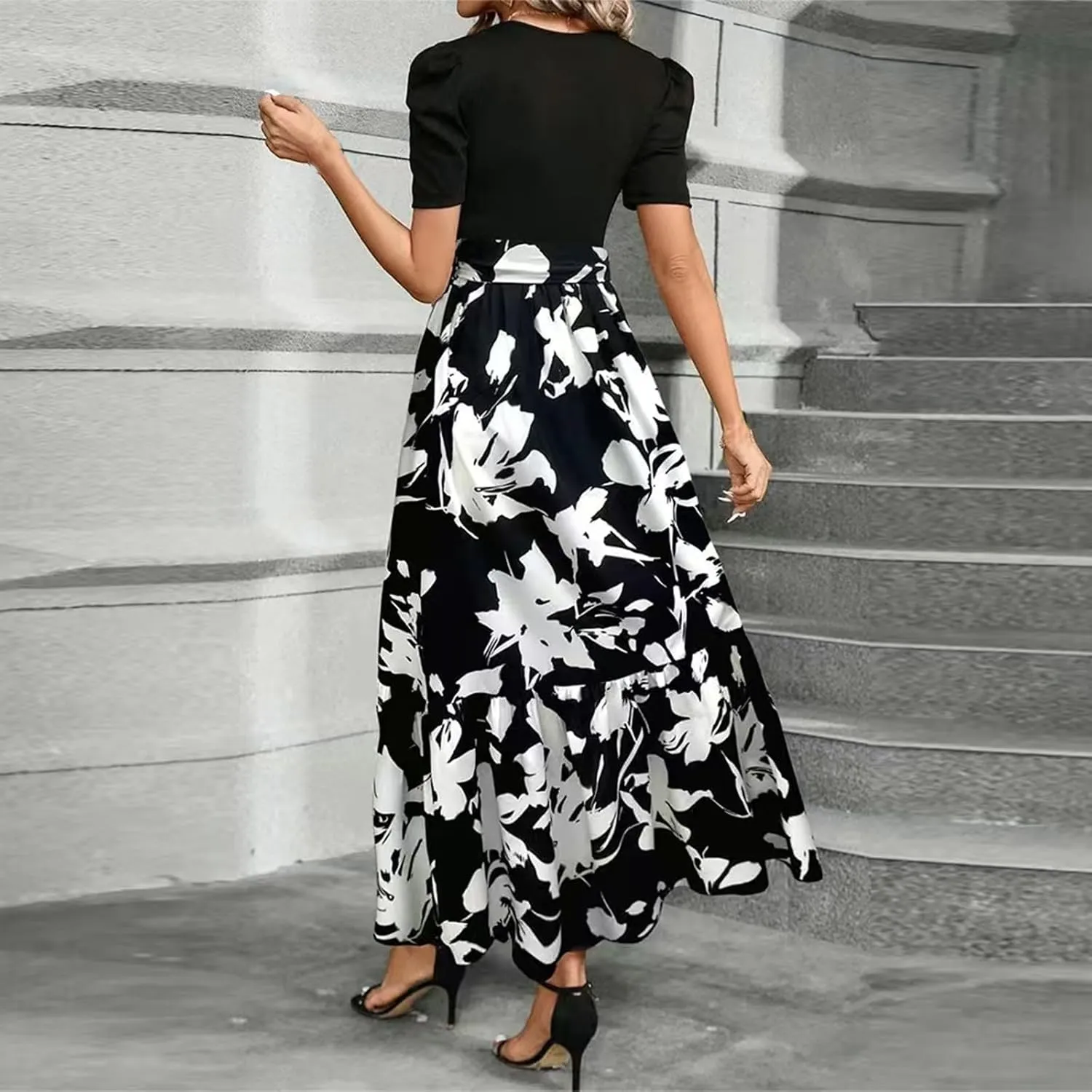 Summer Dresses for Women Casual A-Line Maxi Dress Elegant Flowy Long Dress High Waist Floral Printrd Dress with Belt