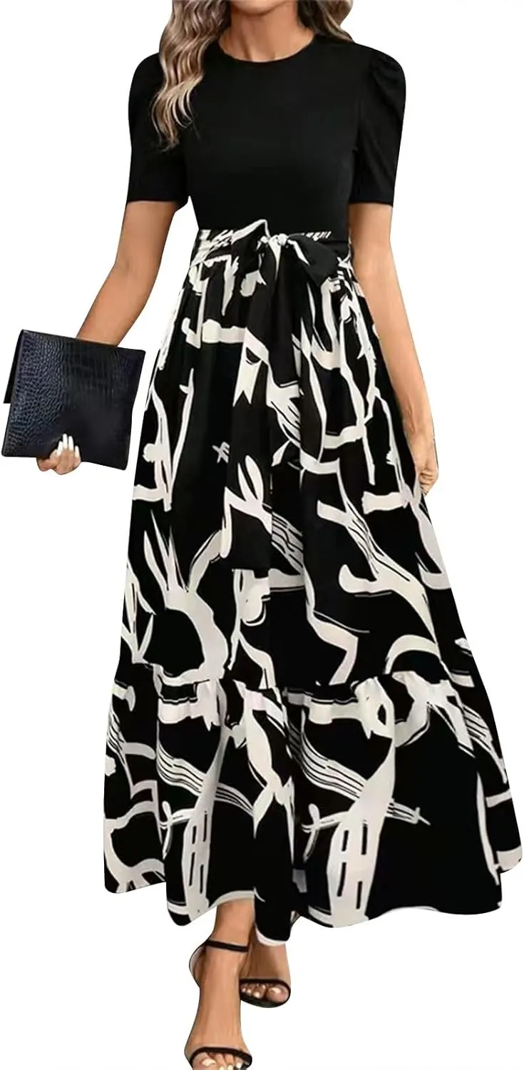 Summer Dresses for Women Casual A-Line Maxi Dress Elegant Flowy Long Dress High Waist Floral Printrd Dress with Belt