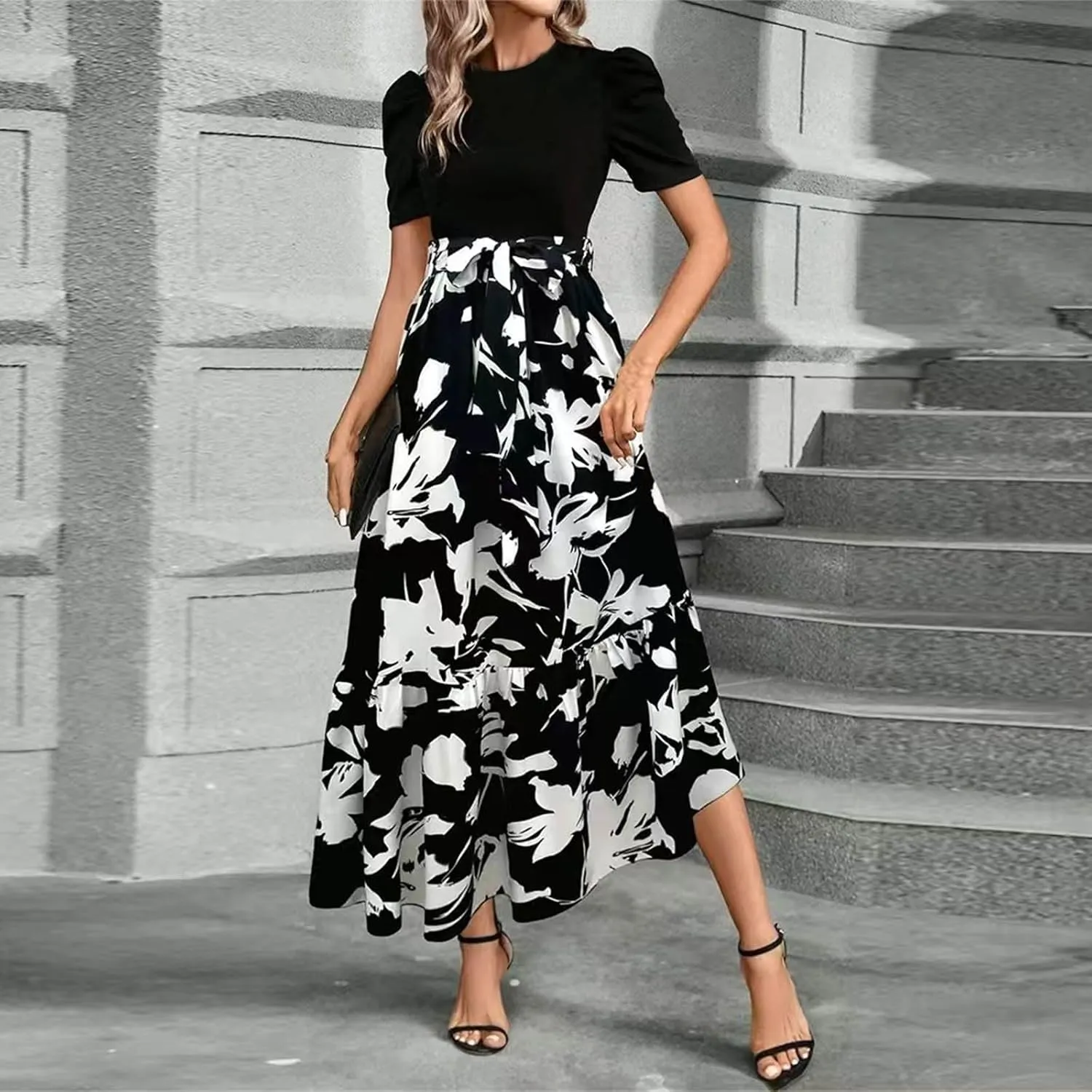 Summer Dresses for Women Casual A-Line Maxi Dress Elegant Flowy Long Dress High Waist Floral Printrd Dress with Belt
