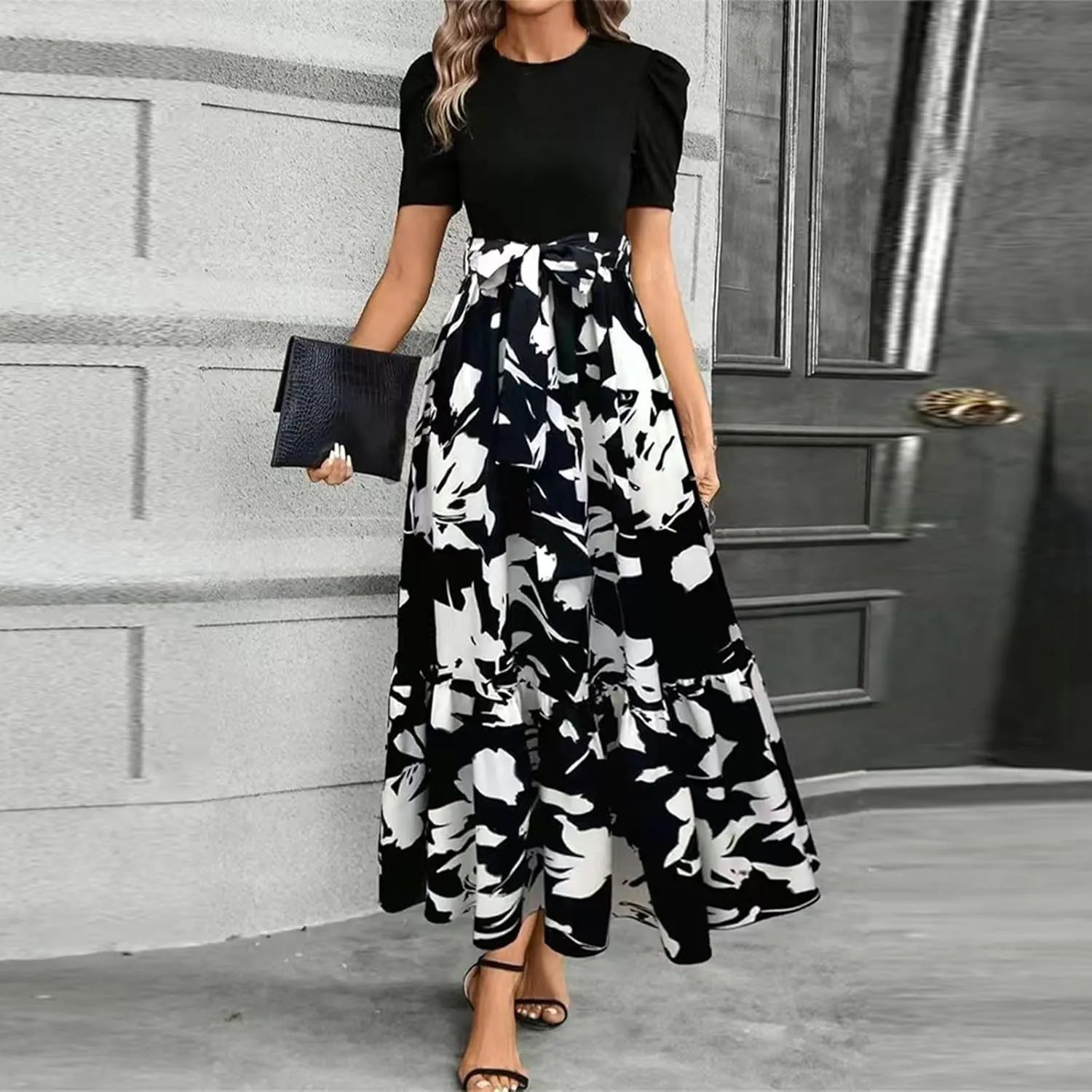 Summer Dresses for Women Casual A-Line Maxi Dress Elegant Flowy Long Dress High Waist Floral Printrd Dress with Belt