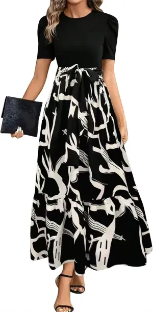 Summer Dresses for Women Casual A-Line Maxi Dress Elegant Flowy Long Dress High Waist Floral Printrd Dress with Belt