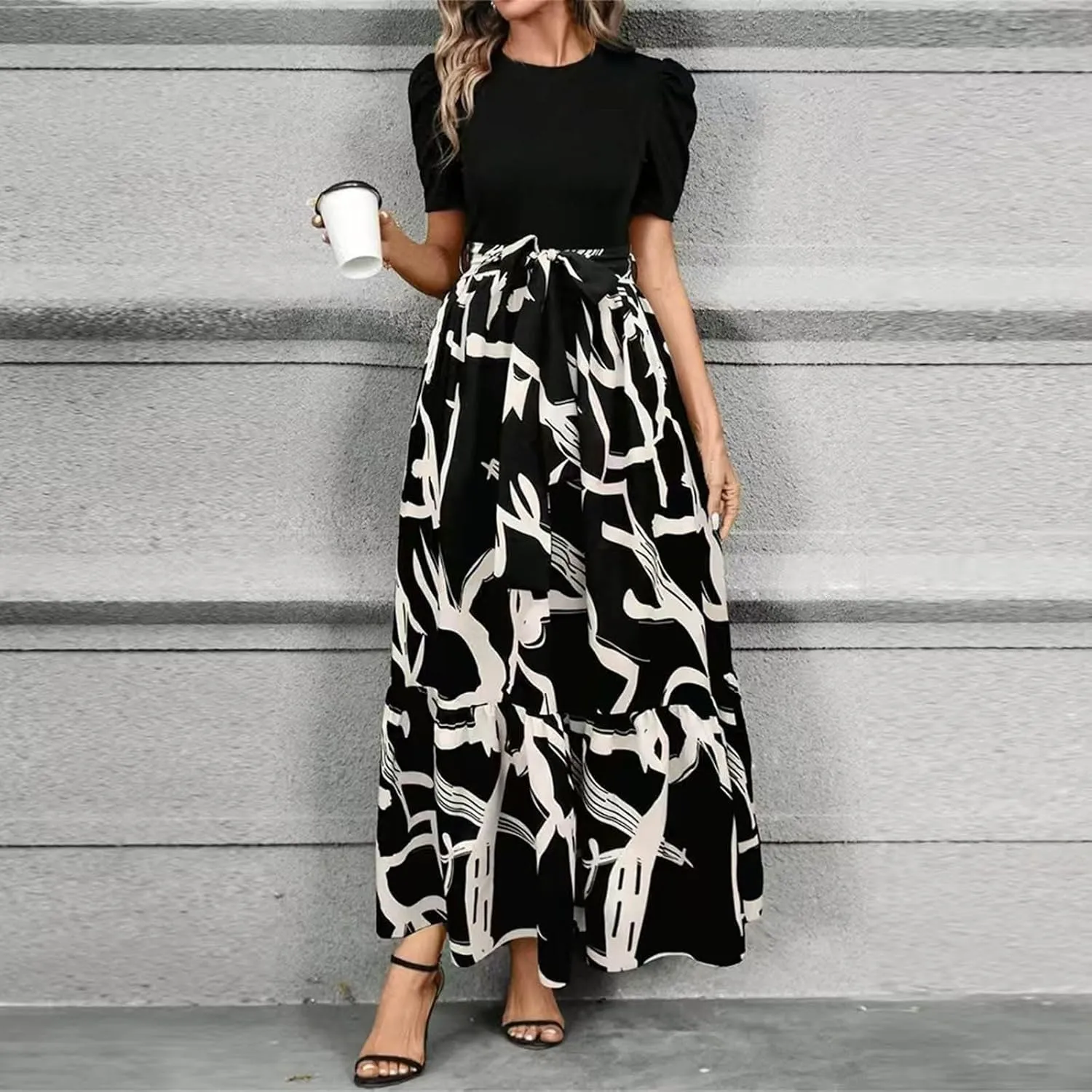 Summer Dresses for Women Casual A-Line Maxi Dress Elegant Flowy Long Dress High Waist Floral Printrd Dress with Belt