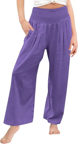 Teen Girls Linen Palazzo Trousers Lightweight Straight Wide Leg Elastic Waist Casual Pants Solid Trendy Trousers