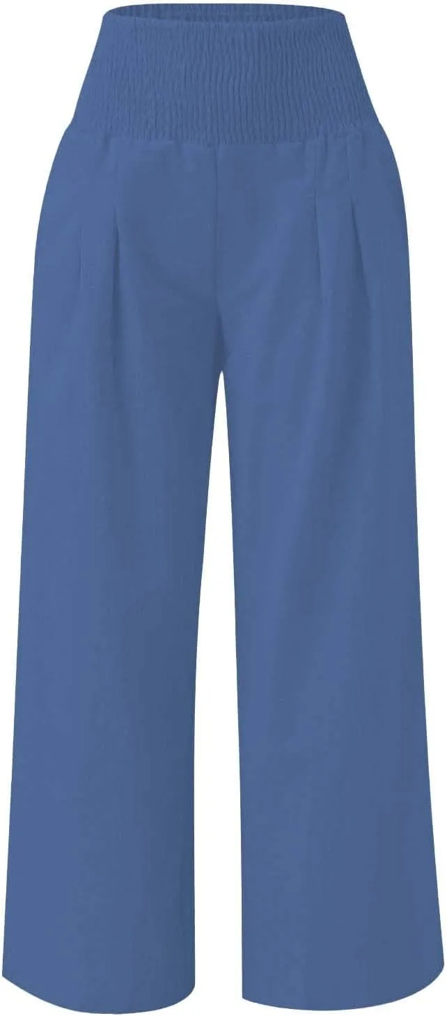 Teen Girls Linen Palazzo Trousers Lightweight Straight Wide Leg Elastic Waist Casual Pants Solid Trendy Trousers