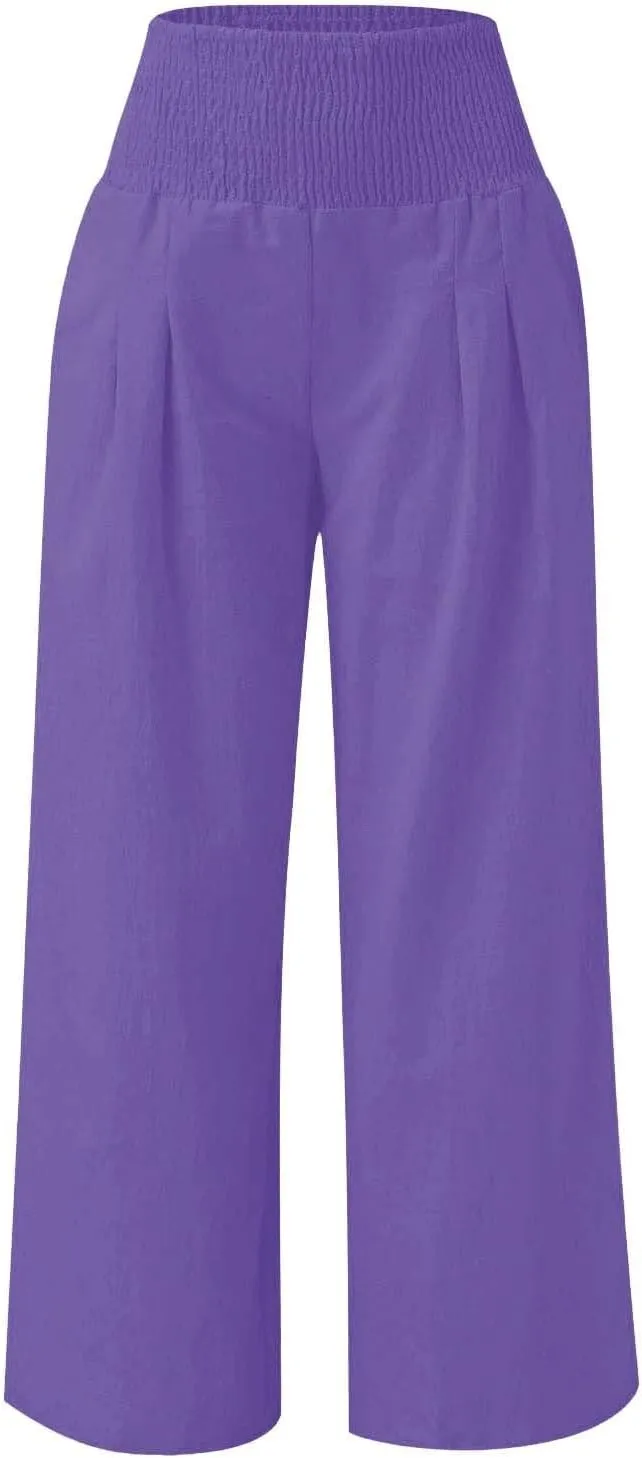 Teen Girls Linen Palazzo Trousers Lightweight Straight Wide Leg Elastic Waist Casual Pants Solid Trendy Trousers
