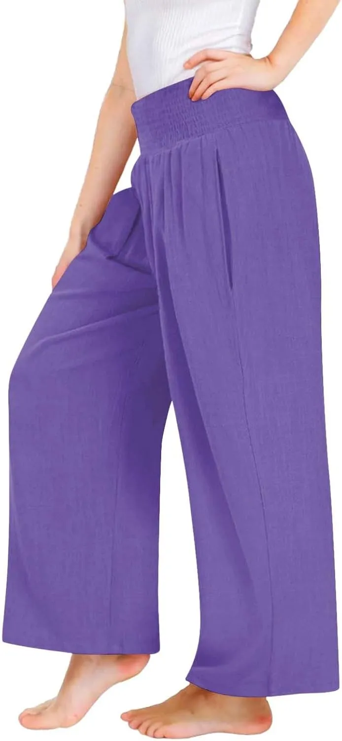 Teen Girls Linen Palazzo Trousers Lightweight Straight Wide Leg Elastic Waist Casual Pants Solid Trendy Trousers