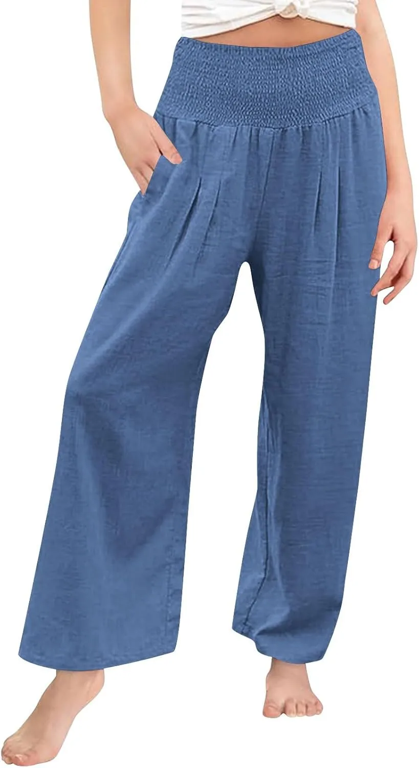 Teen Girls Linen Palazzo Trousers Lightweight Straight Wide Leg Elastic Waist Casual Pants Solid Trendy Trousers