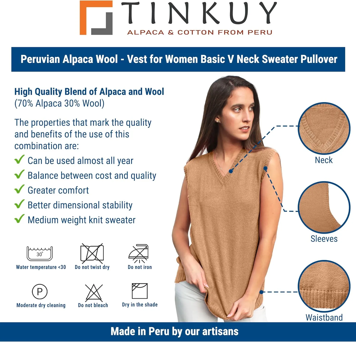 TINKUY Peru Womens Alpaca Wool V Neck Sweater Vest, S-4XL