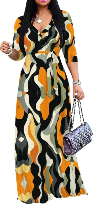 weiyinhe Maxi Dress for Women V Neck Casual 3/4 Sleeve Wrap Sexy Long Dresses Floral with Belt