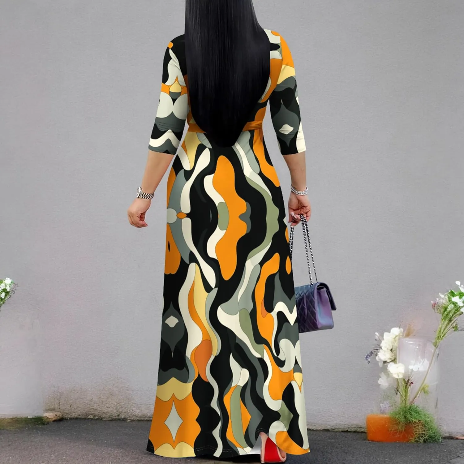 weiyinhe Maxi Dress for Women V Neck Casual 3/4 Sleeve Wrap Sexy Long Dresses Floral with Belt