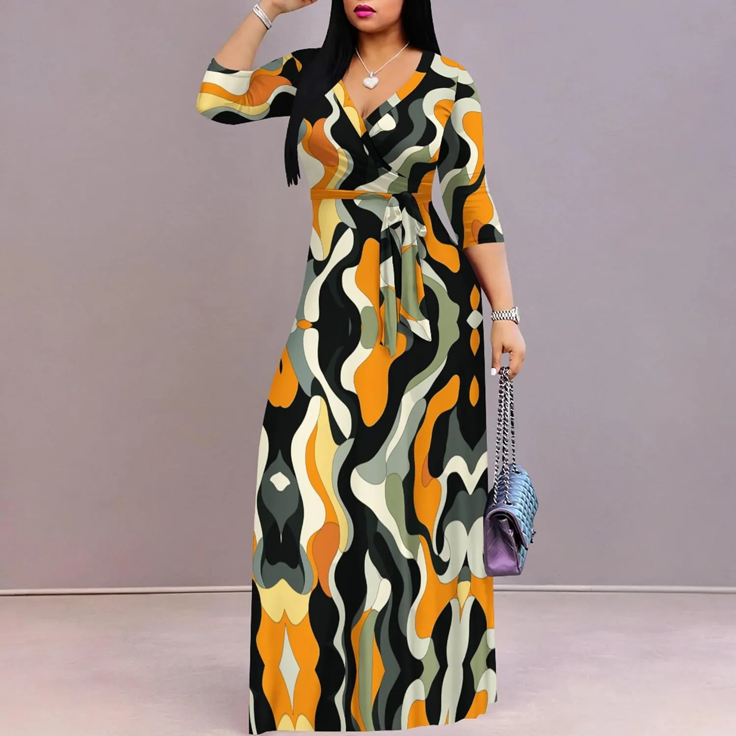 weiyinhe Maxi Dress for Women V Neck Casual 3/4 Sleeve Wrap Sexy Long Dresses Floral with Belt