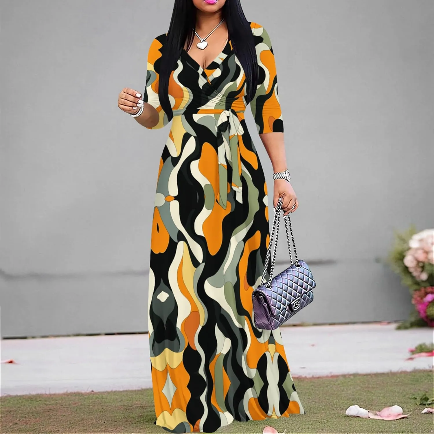 weiyinhe Maxi Dress for Women V Neck Casual 3/4 Sleeve Wrap Sexy Long Dresses Floral with Belt