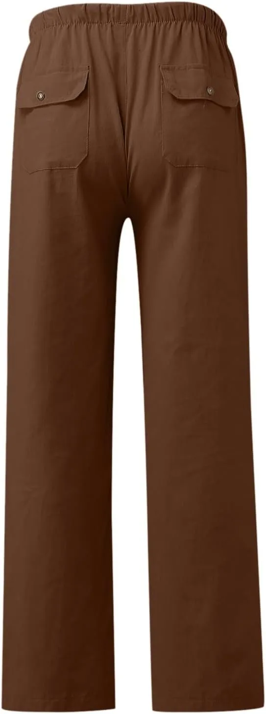 Women Clothing Palazzo Pants for Women Pockets Elastic High Waist Paper Bag Pants Linen Womens Linen Pants Wide Leg