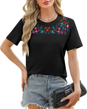 Women Mexican Embroidered Shirt Mexico T-Shirt Cinco De Mayo Tee Fiesta Tops Boho Floral Embroidery Tunic