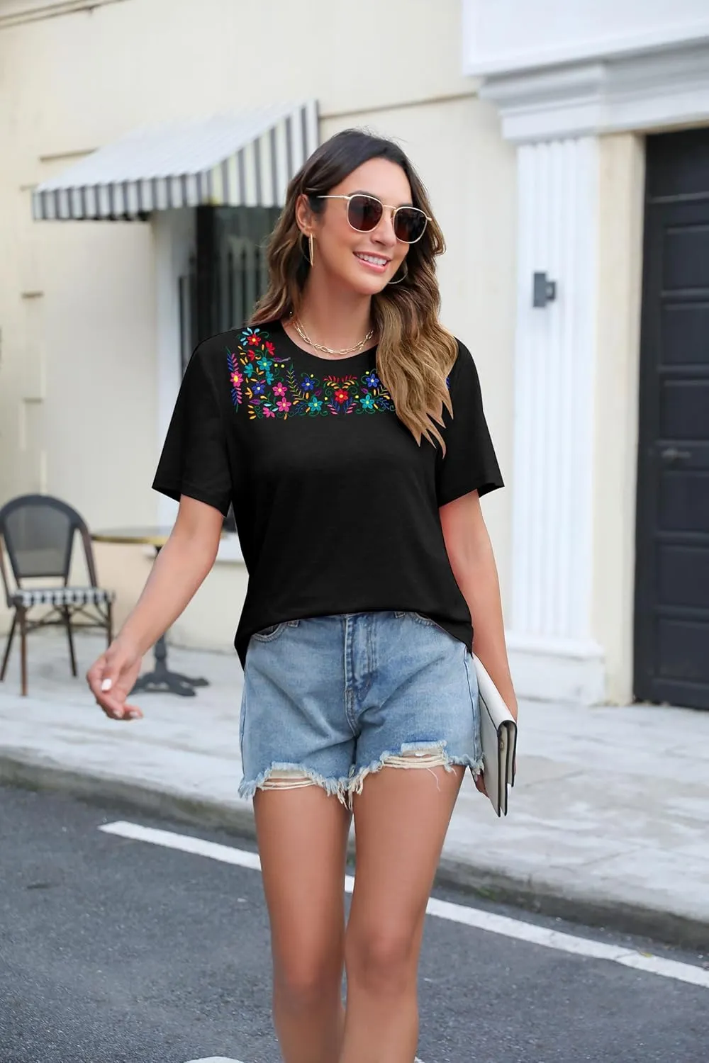 Women Mexican Embroidered Shirt Mexico T-Shirt Cinco De Mayo Tee Fiesta Tops Boho Floral Embroidery Tunic