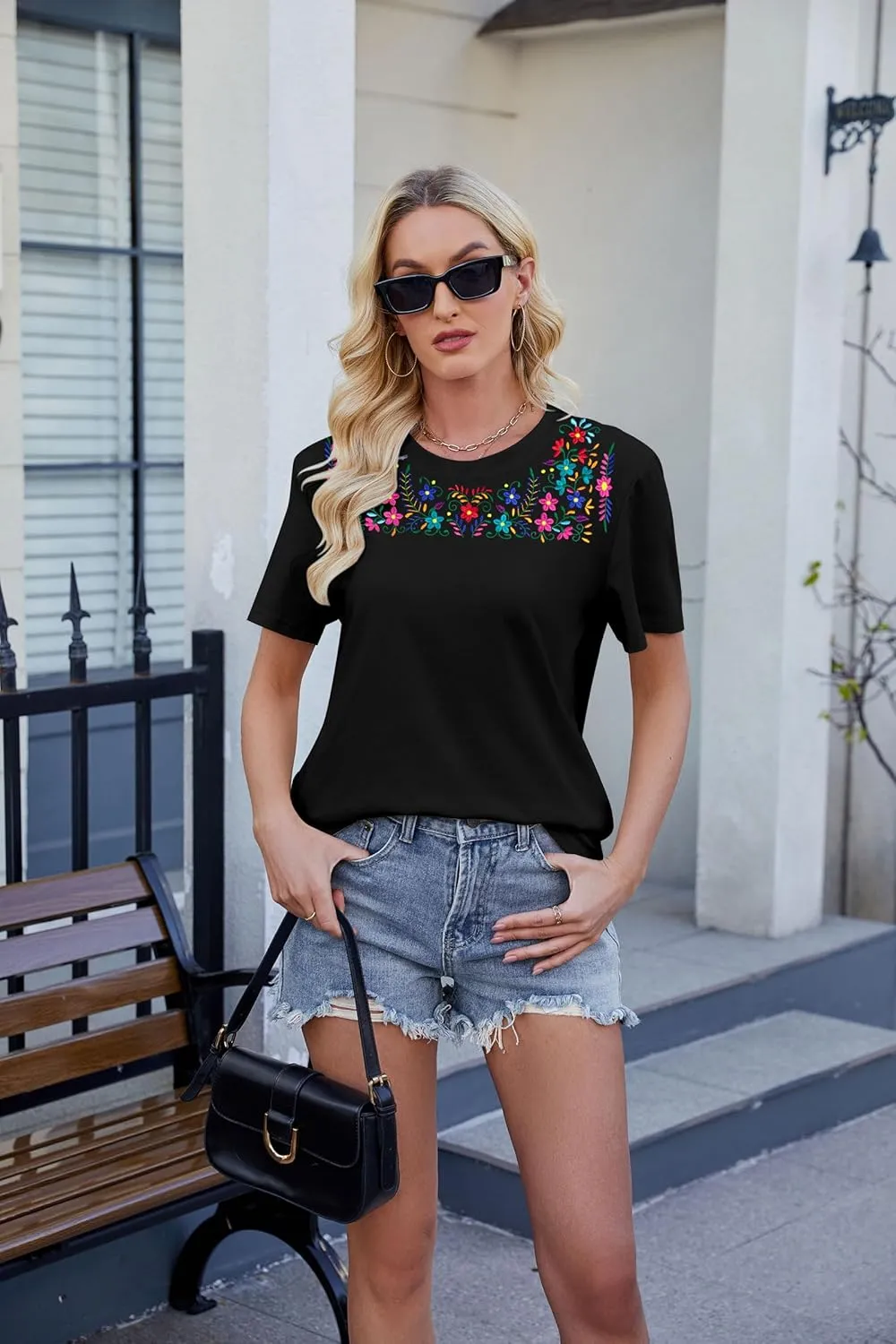 Women Mexican Embroidered Shirt Mexico T-Shirt Cinco De Mayo Tee Fiesta Tops Boho Floral Embroidery Tunic