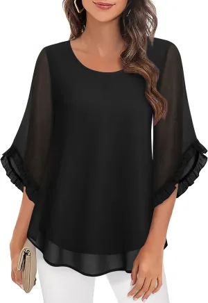 Women's 3/4 Ruffle Sleeve Blouse Tops Double Layers Flowy Shirts Elegant Chiffon Blouses