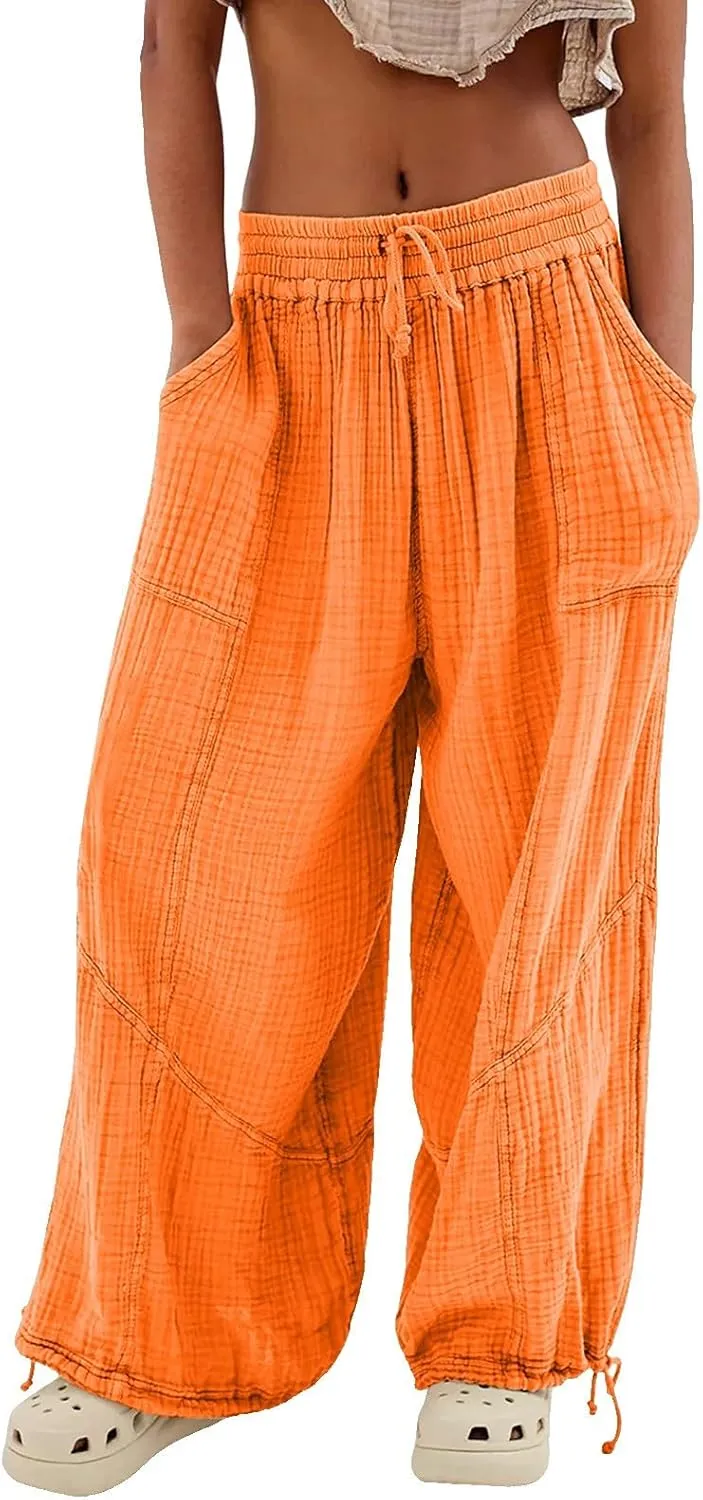 Womens Baggy Utility Pants 2024 Summer High Waisted Wide Leg Cargo Pants with Pocket Wide Leg Palazzo Trousers