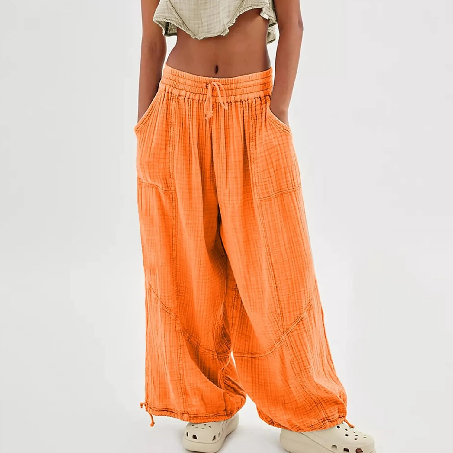 Womens Baggy Utility Pants 2024 Summer High Waisted Wide Leg Cargo Pants with Pocket Wide Leg Palazzo Trousers