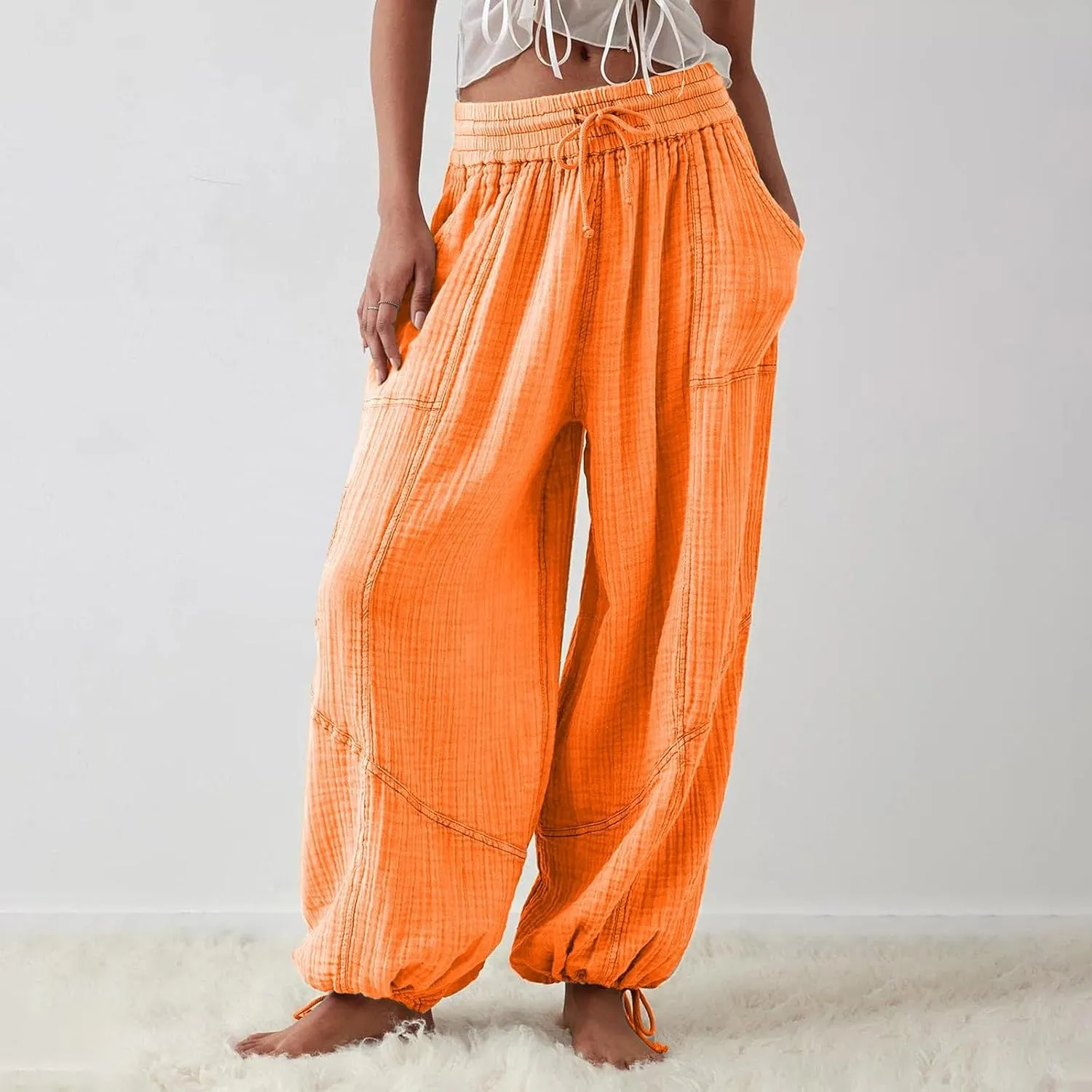 Womens Baggy Utility Pants 2024 Summer High Waisted Wide Leg Cargo Pants with Pocket Wide Leg Palazzo Trousers