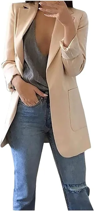 Womens Blazers 2024 Fall Bussiness,Casual Long Sleeve Button Open Front Suit Jackets, Work Clothes with Pockets