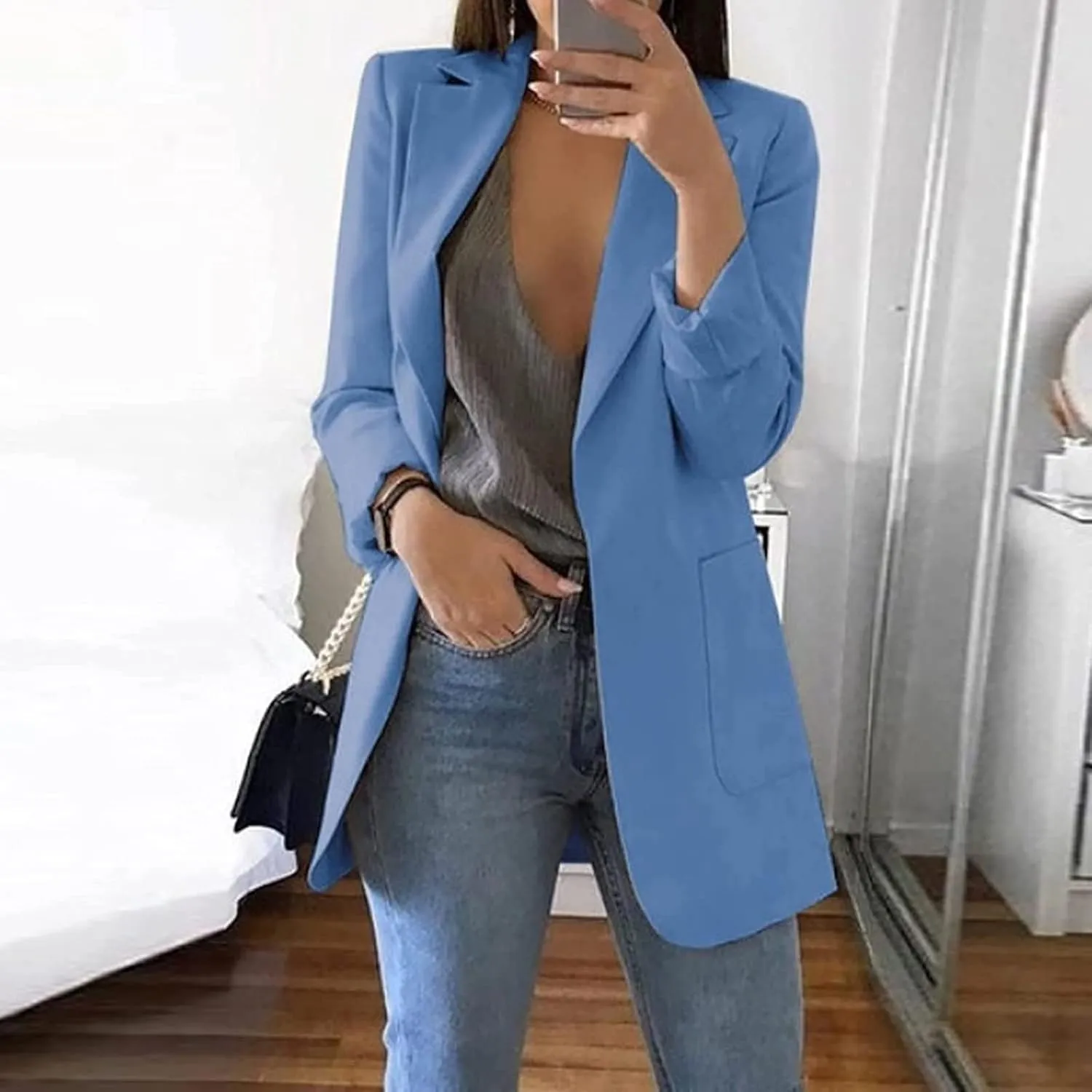 Womens Blazers 2024 Fall Bussiness,Casual Long Sleeve Button Open Front Suit Jackets, Work Clothes with Pockets