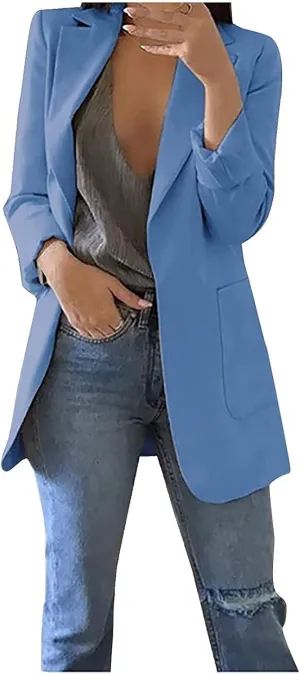 Womens Blazers 2024 Fall Bussiness,Casual Long Sleeve Button Open Front Suit Jackets, Work Clothes with Pockets