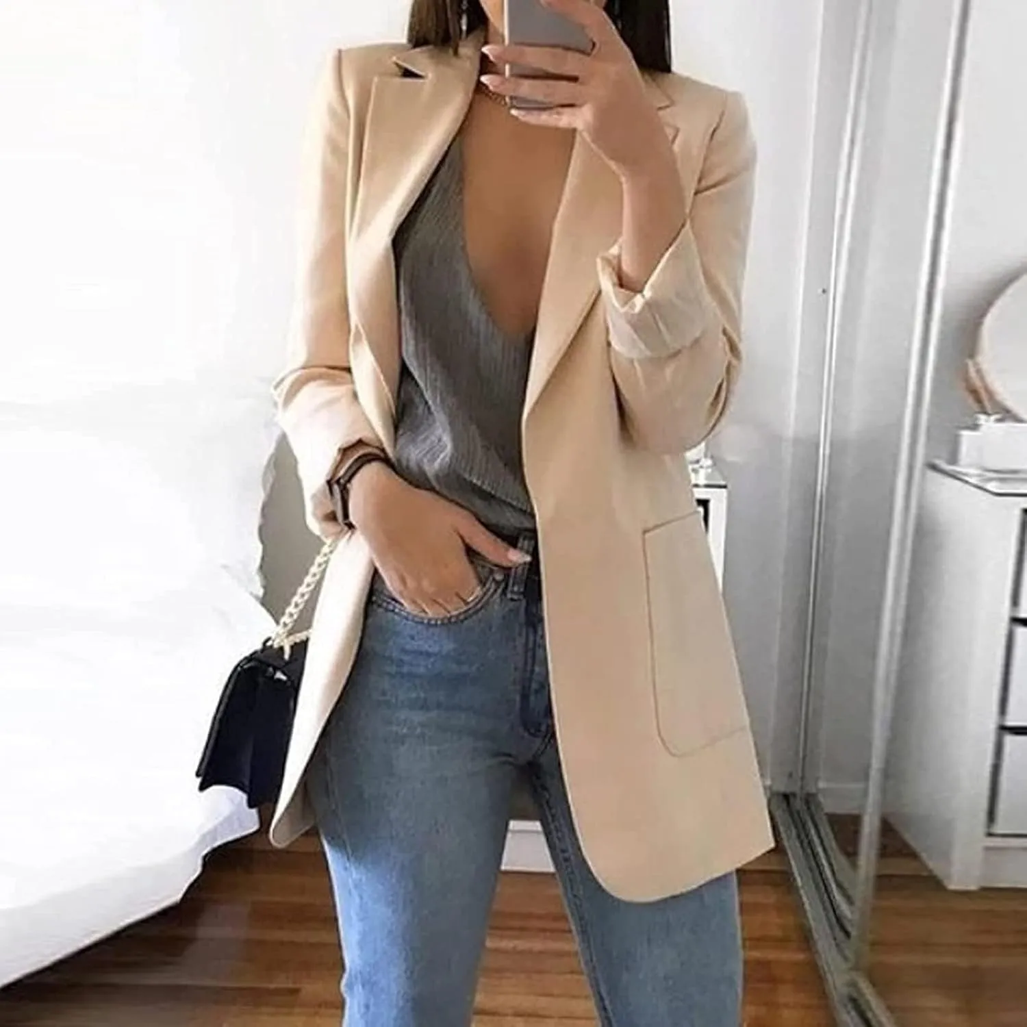 Womens Blazers 2024 Fall Bussiness,Casual Long Sleeve Button Open Front Suit Jackets, Work Clothes with Pockets