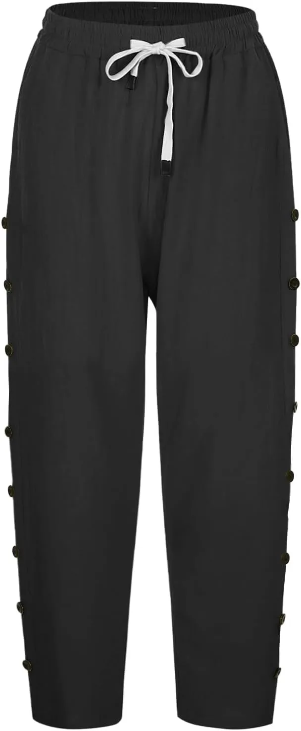 Women's Capri Pants Petite Side Button Elastic Waist Drawstring Lightweight Trousers with Pockets Dressy Casual