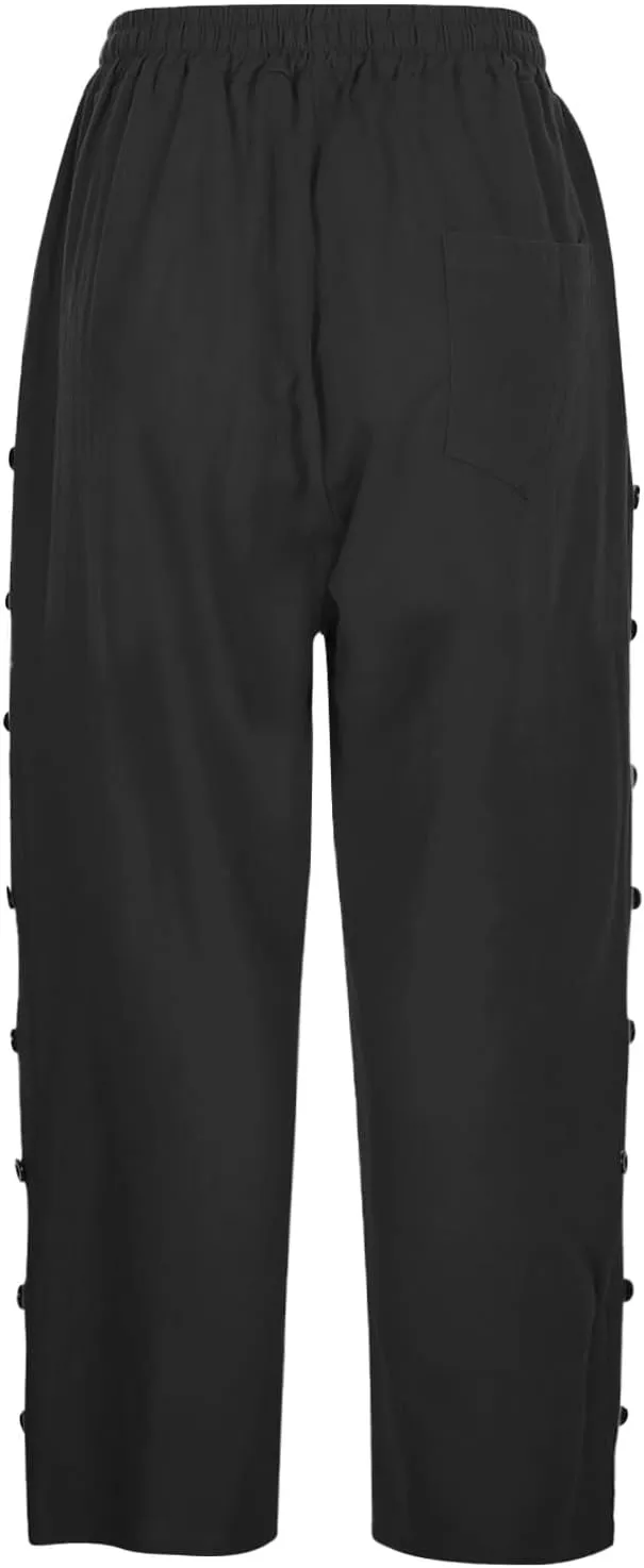 Women's Capri Pants Petite Side Button Elastic Waist Drawstring Lightweight Trousers with Pockets Dressy Casual