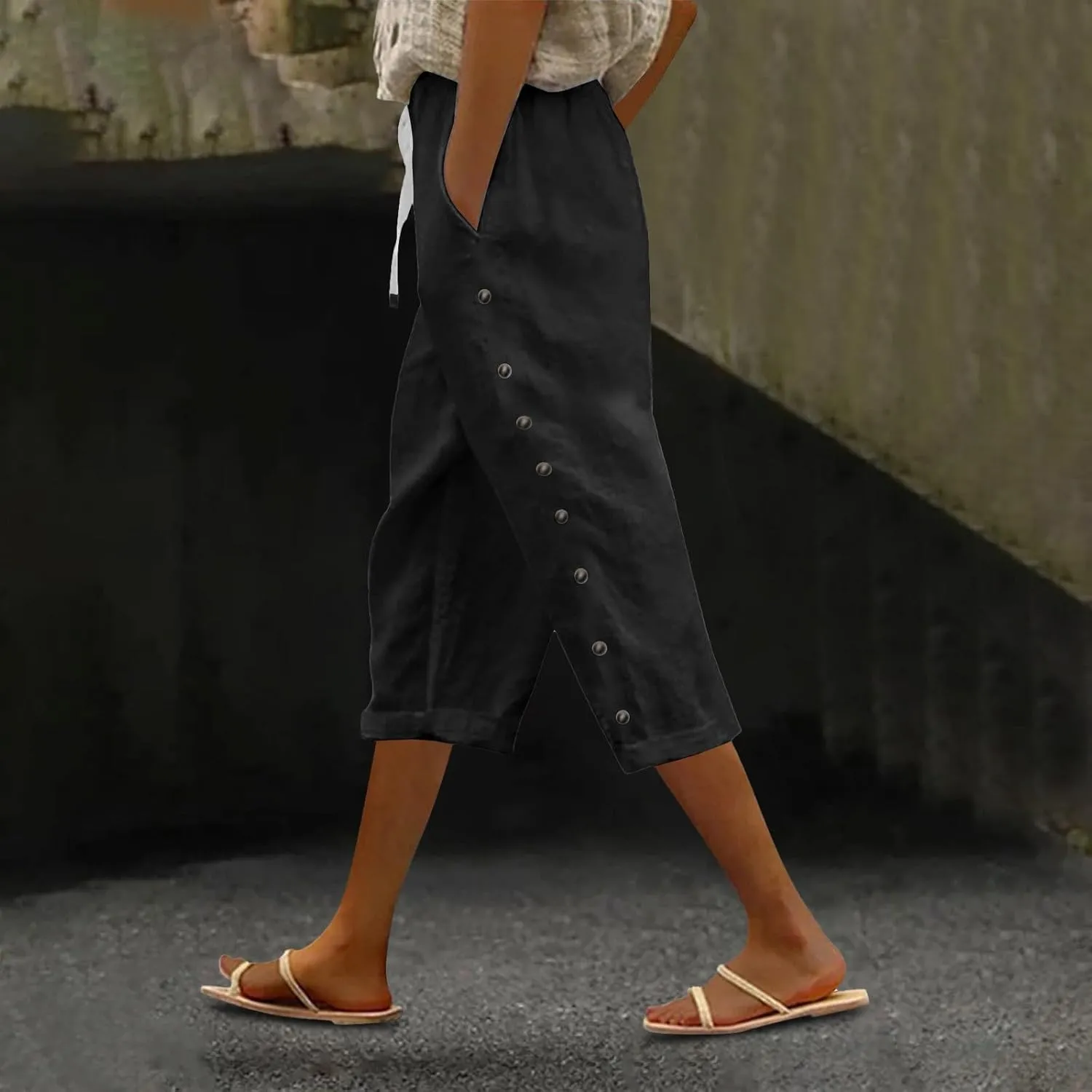 Women's Capri Pants Petite Side Button Elastic Waist Drawstring Lightweight Trousers with Pockets Dressy Casual