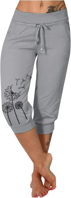 Womens Capris for Summer Lightweight Yoga Capris Pants with Pockets Stretch Drawstring High Waisted Pant