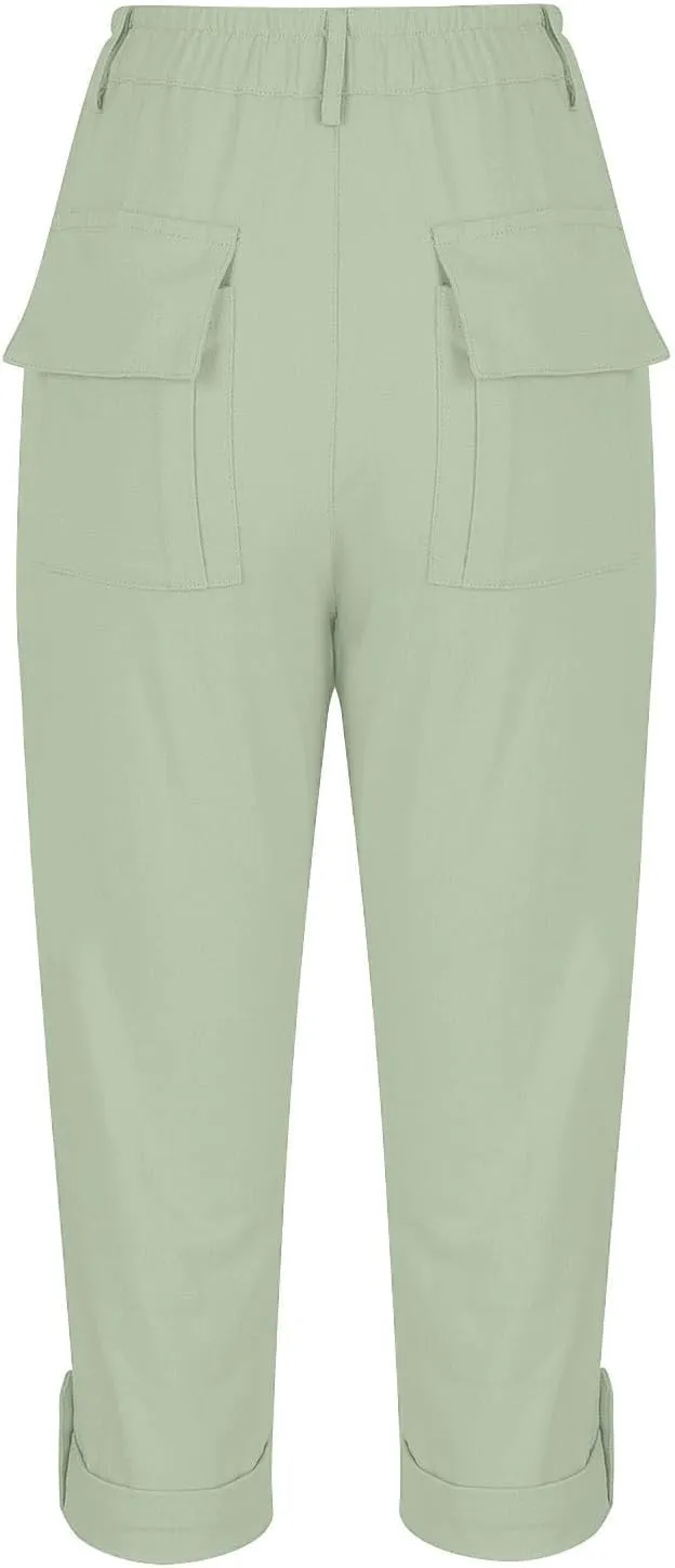 Womens Capris with Pockets Stretch Lightweight Casual Cargo Pants Rolled Hem Summer Cropped Trousers Outdoor Clothes