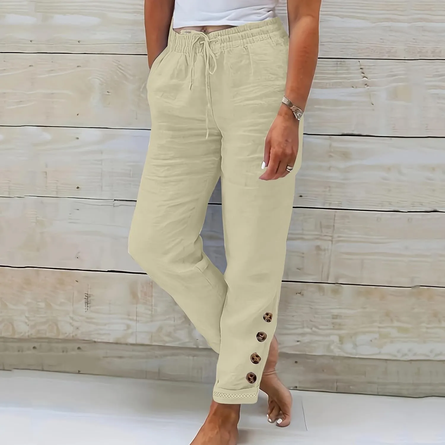 Womens Cotton Linen Cropped Pants 2025 Summer Lounge High Waisted Stretch Capris Drawstring Trousers with Pocket