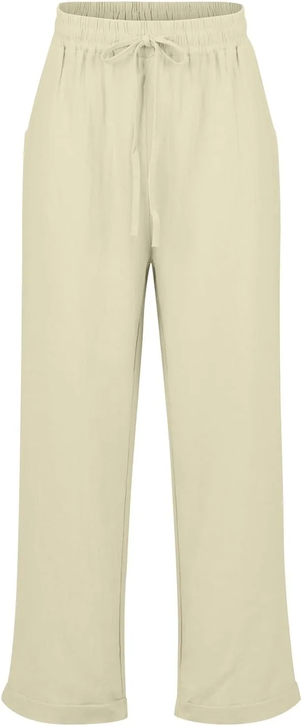 Womens Cotton Linen Cropped Pants 2025 Summer Lounge High Waisted Stretch Capris Drawstring Trousers with Pocket